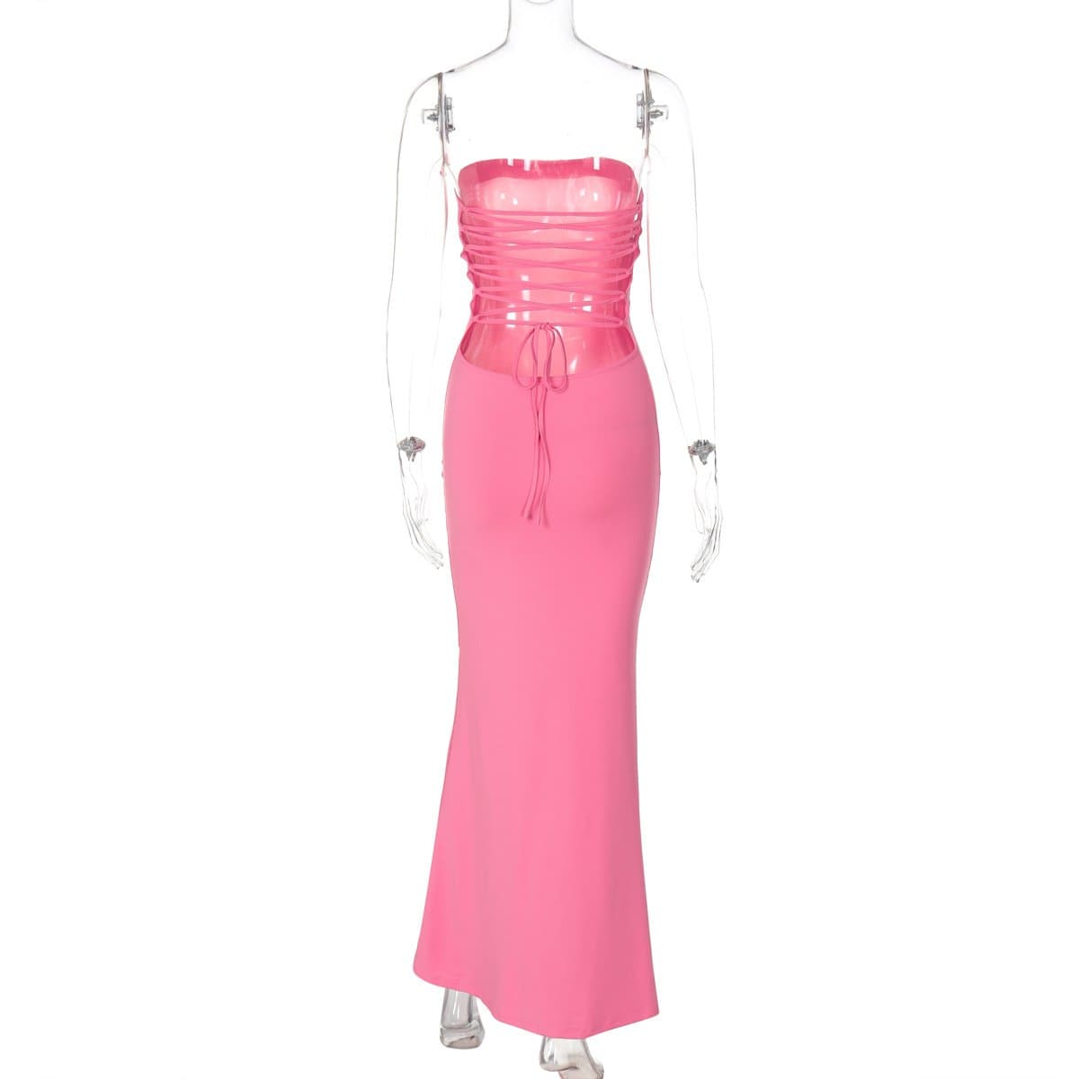 Lace up knotted solid backless tube maxi dress