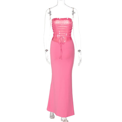 Lace up knotted solid backless tube maxi dress