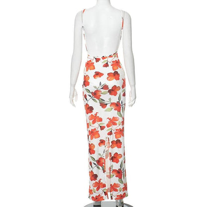 U neck backless slit flower print cami maxi dress