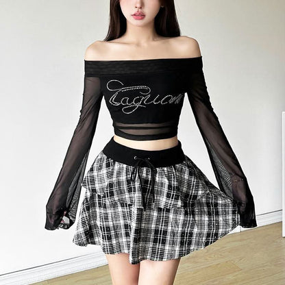 Long sleeve off shoulder mesh letter pattern beaded top