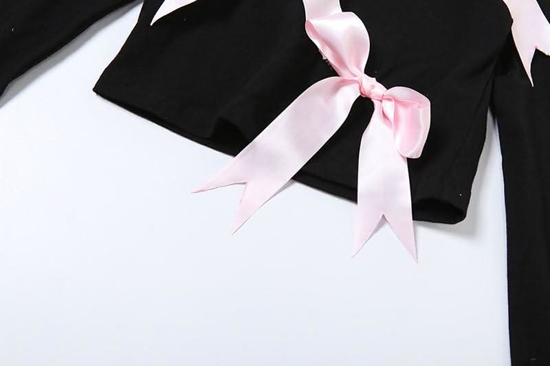 Long sleeve bowknot crewneck applique crop top