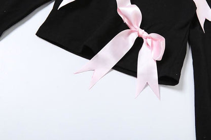 Long sleeve bowknot crewneck applique crop top