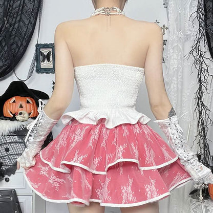 Ruffle lace patchwork mini skirt