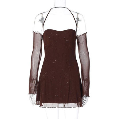 Long sleeve halter mesh glitter off shoulder mini dress