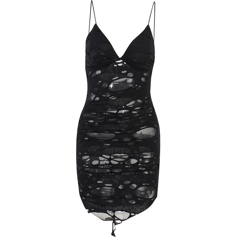 Distressed Ruched Mesh Insert Spaghetti Strap Mini Dress
