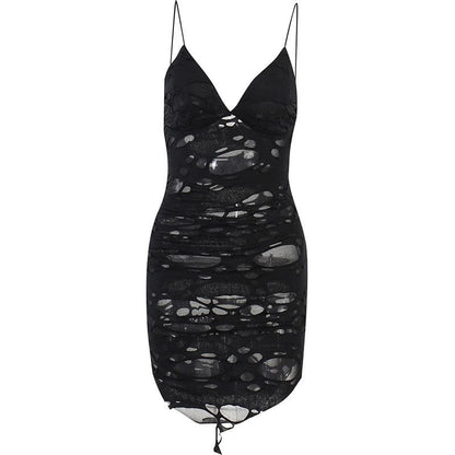 Distressed Ruched Mesh Insert Spaghetti Strap Mini Dress
