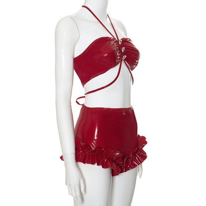 PU leather ruffled halter heart button pant set