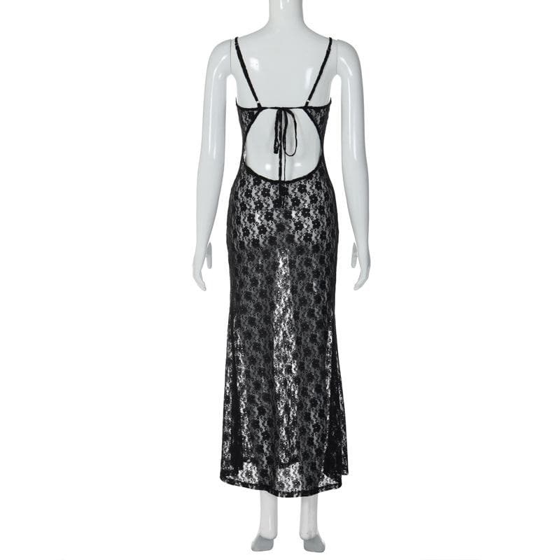 Lace see through hollow out cami cut out maxi dress