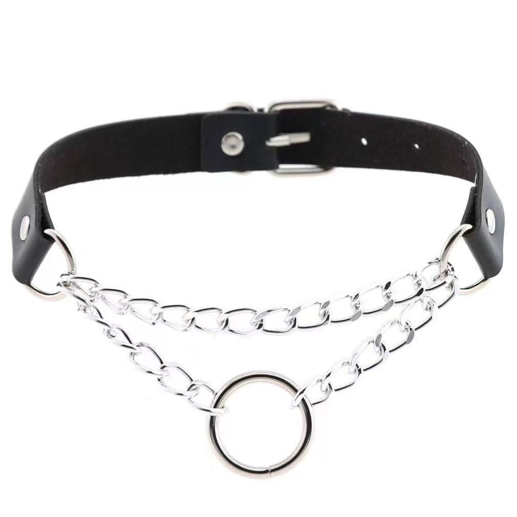 PU leather rivet o ring metal chain necklace