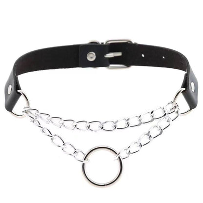 PU leather rivet o ring metal chain necklace