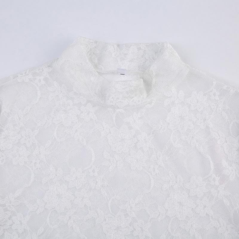Long sleeve high neck lace see through top