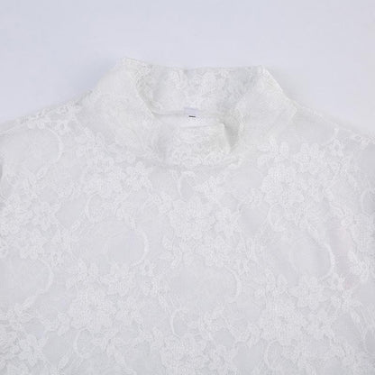 Long sleeve high neck lace see through top