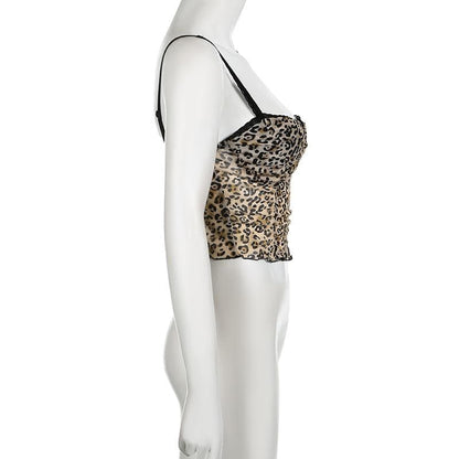 Bowknot leopard print mesh lace hem cami top