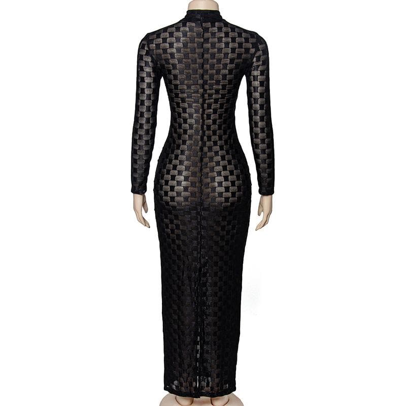 Mock Neck Long Sleeve Sheer Mesh Checkerboard Print Bodycon Maxi Dress
