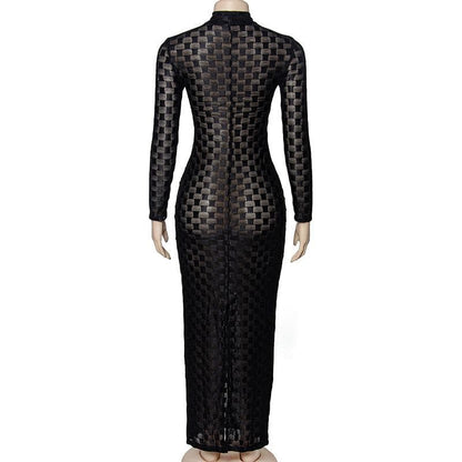 Mock Neck Long Sleeve Sheer Mesh Checkerboard Print Bodycon Maxi Dress