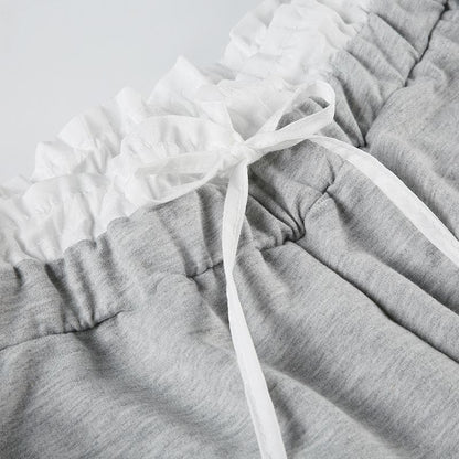 Lace hem bowknot medium rise pant