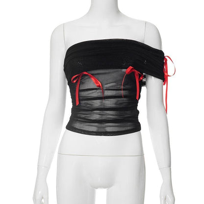 Sheer mesh see through bowknot irregular off shoulder top
