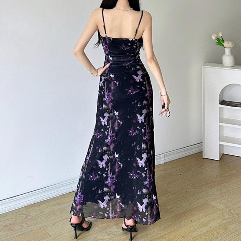 Butterfly print lace hem slit mesh cami maxi dress