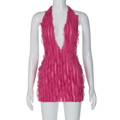 Textured ruffle solid halter self tie v neck backless mini dress