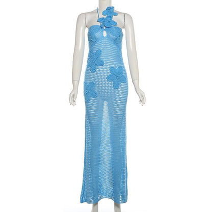 Halter knitted flower pattern see through maxi dress-final-sale