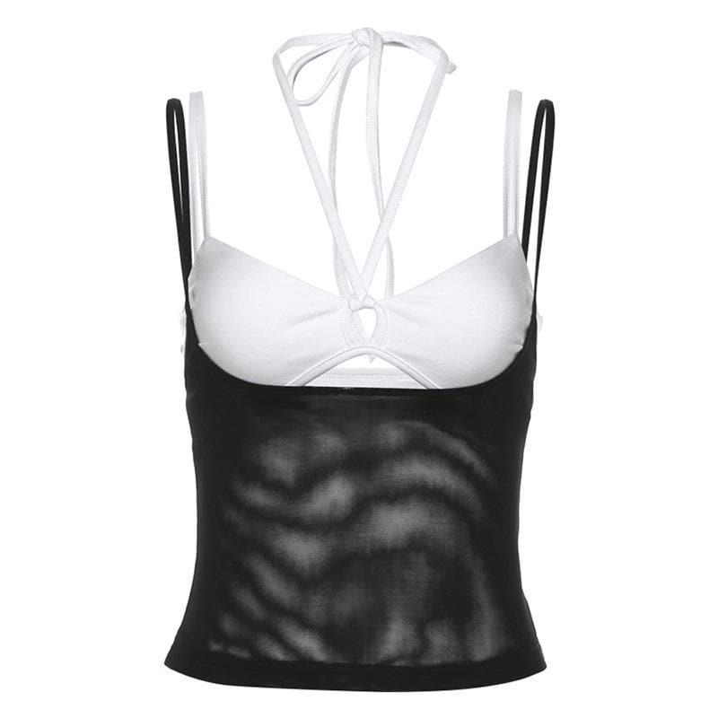 Halter hollow out mesh contrast 2 piece cami cut out top