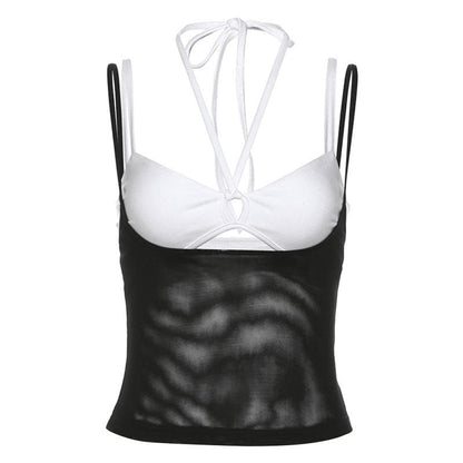 Halter hollow out mesh contrast 2 piece cami cut out top