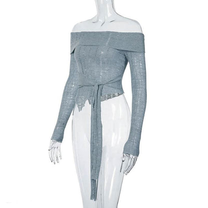 Long sleeve odd shoulder knotted knitted top
