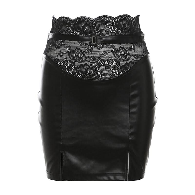 Slit lace hem PU leather belt solid mini skirt