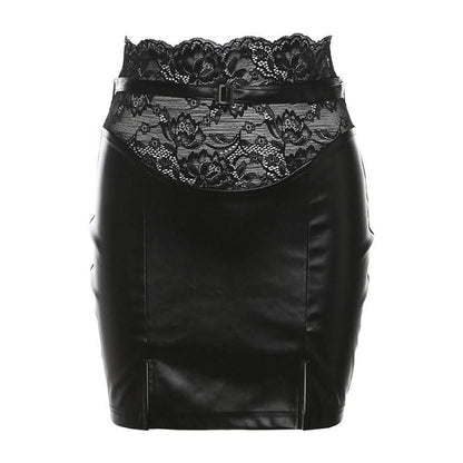 Slit lace hem PU leather belt solid mini skirt