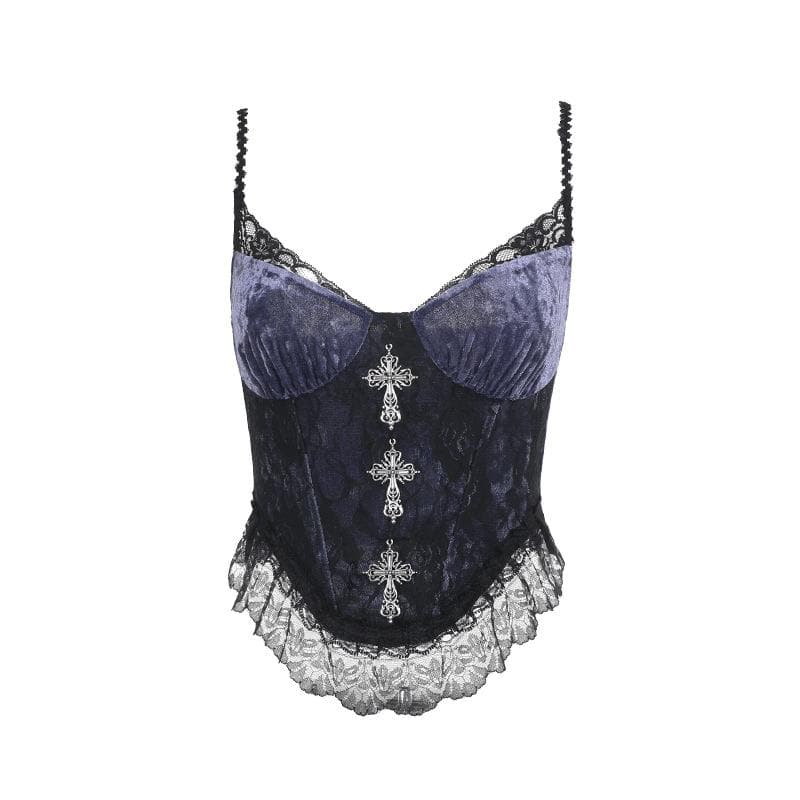 Metal cross lace velvet patchwork cami top