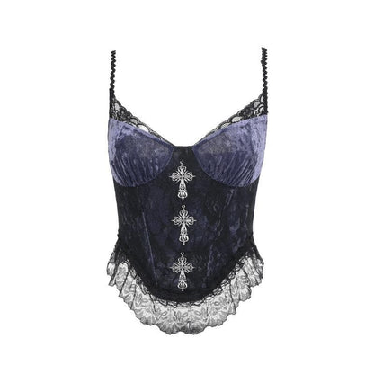 Metal cross lace velvet patchwork cami top