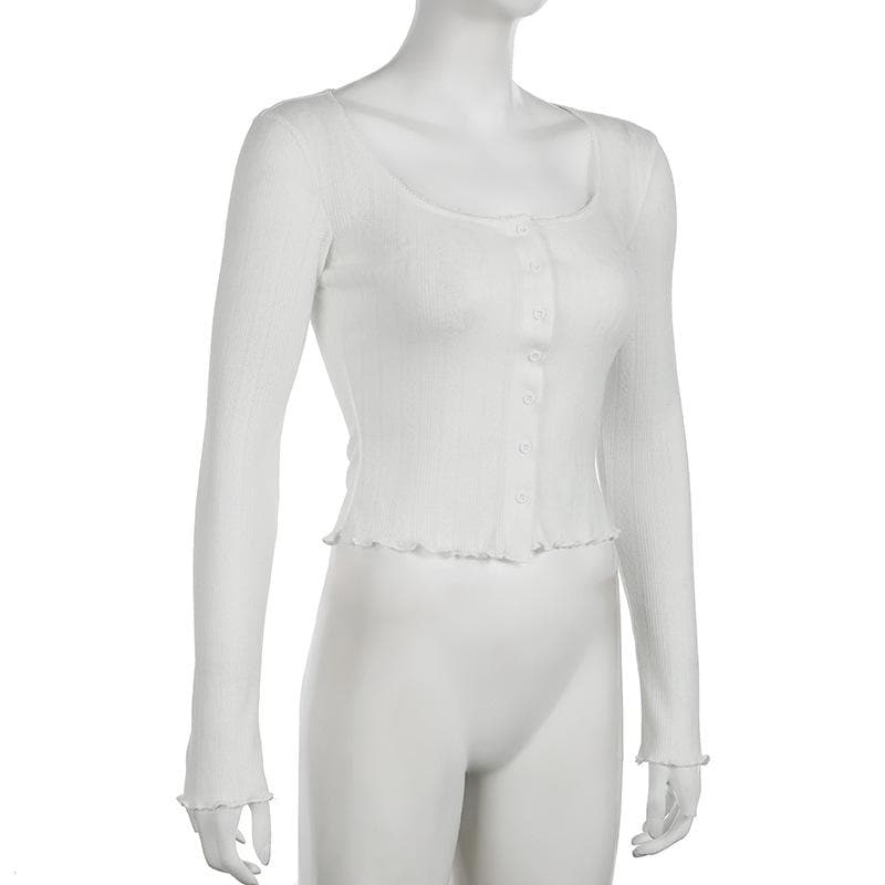 Long sleeve u neck button textured top