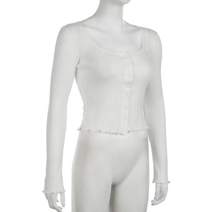 Long sleeve u neck button textured top