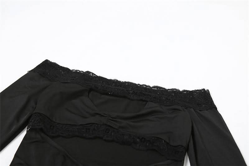 Long sleeve off shoulder lace hem hollow out cut out mini dress