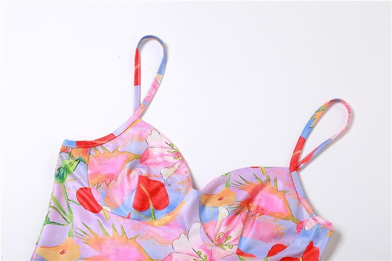 Sweetheart Neck Spaghetti Strap Floral Print Bodycon Mini Dress