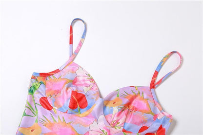 Sweetheart Neck Spaghetti Strap Floral Print Bodycon Mini Dress