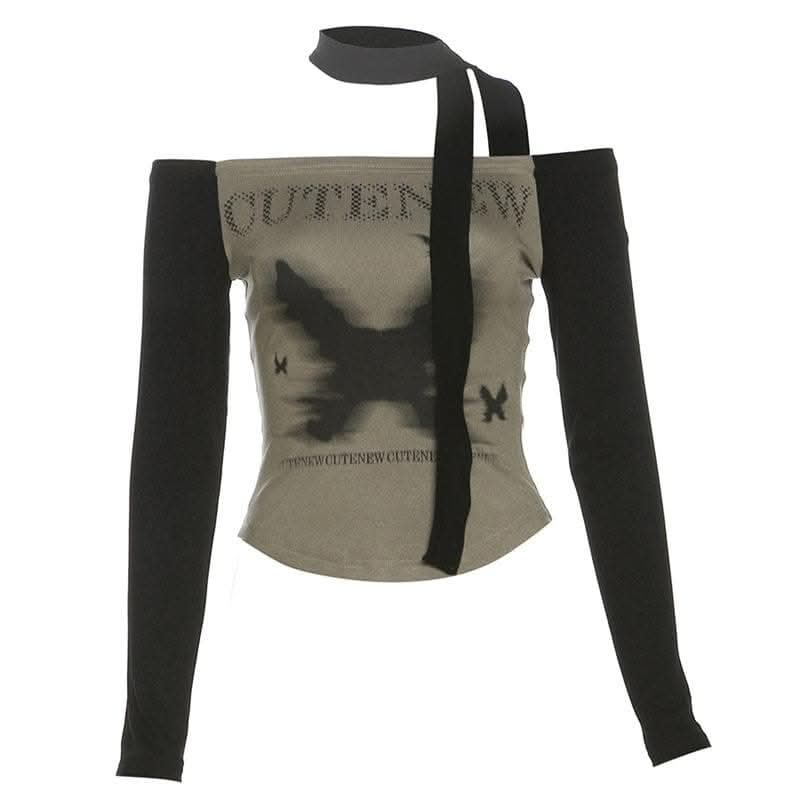 Butterfly pattern contrast off shoulder long sleeve top-final-sale