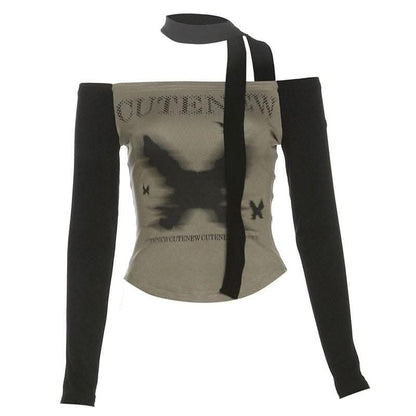 Butterfly pattern contrast off shoulder long sleeve top-final-sale