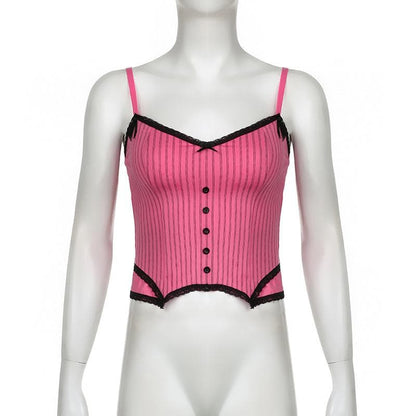 Button striped lace hem v neck contrast cami top