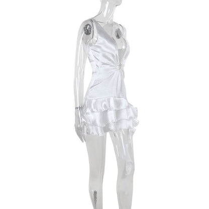 Ruffle deep V neck ruched irregular solid mini dress