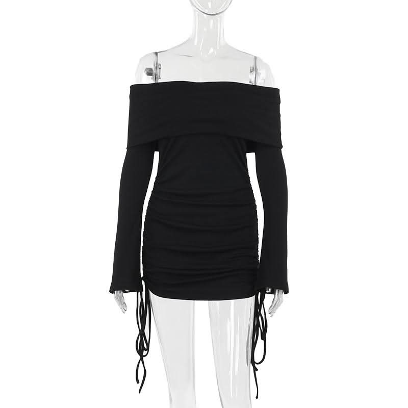 Long flared sleeve off shoulder drawstring mini dress