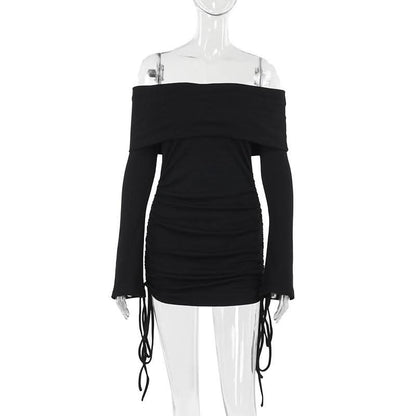 Long flared sleeve off shoulder drawstring mini dress