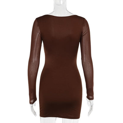 Long sleeve lace hem solid mini dress
