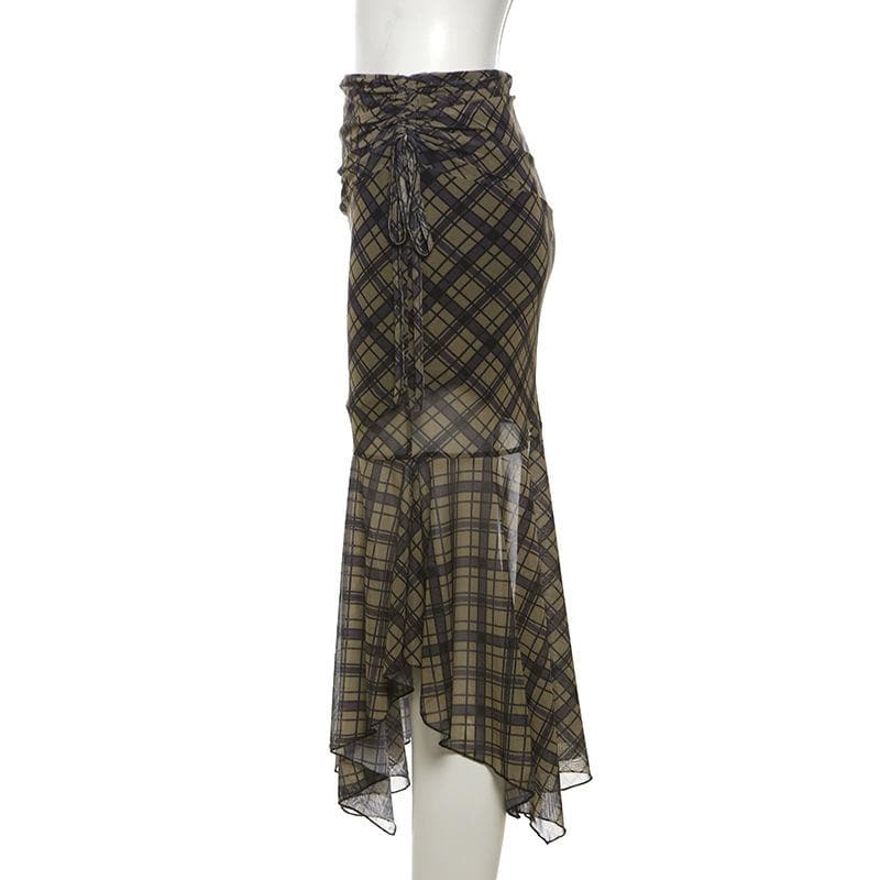 Plaid ruched drawstring mesh irregular midi skirt