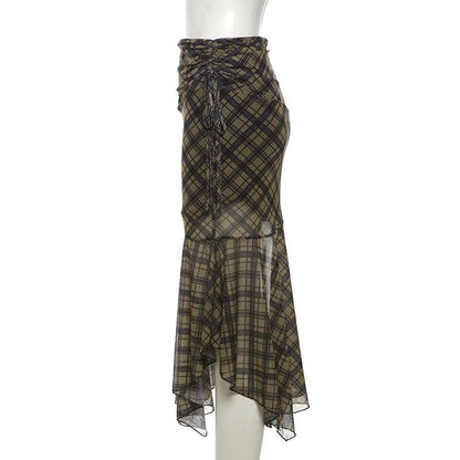 Plaid ruched drawstring mesh irregular midi skirt