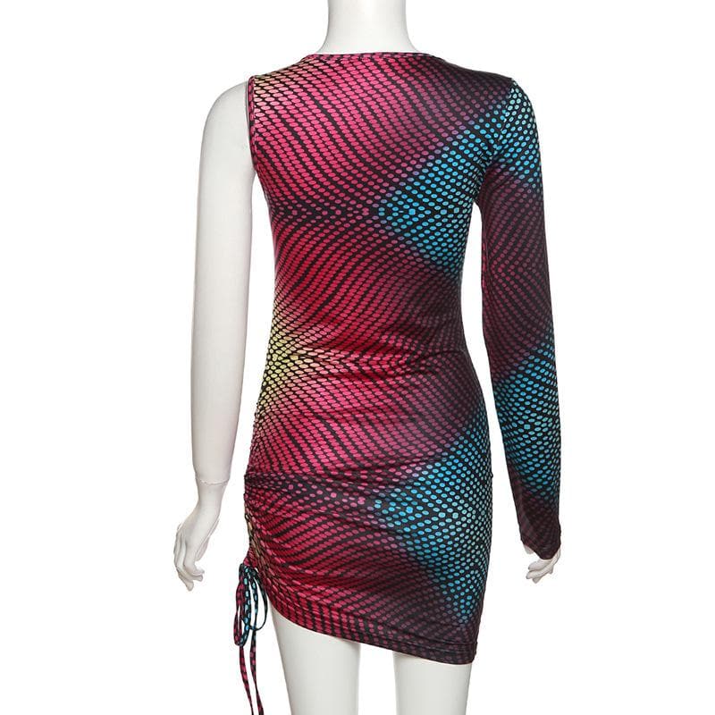 One Shoulder Drawstring Ruched Geometric Print Mini Dress