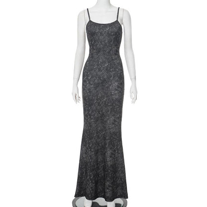 U neck print backless cami maxi dress