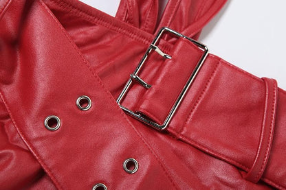 Halter buckle deep PU leather v neck backless mini dress