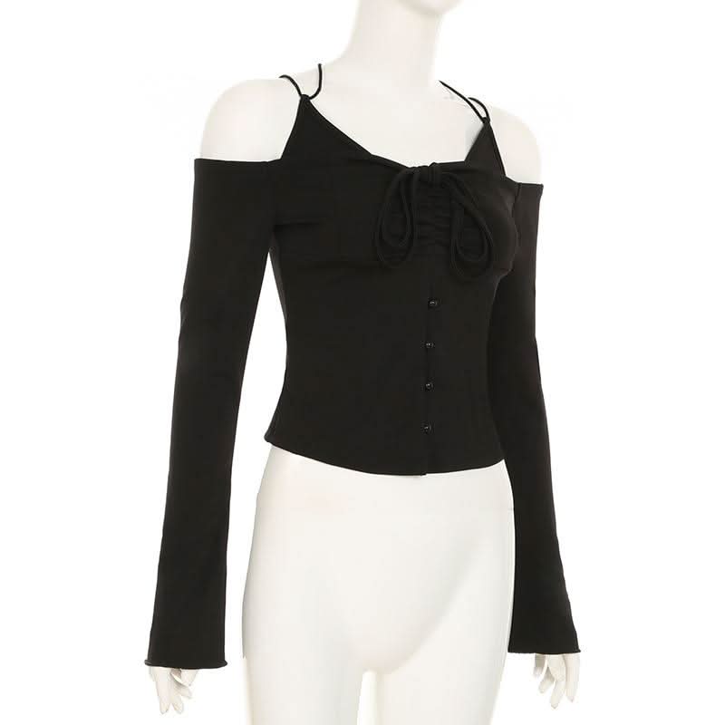 Off shoulder long sleeve self cross back button top