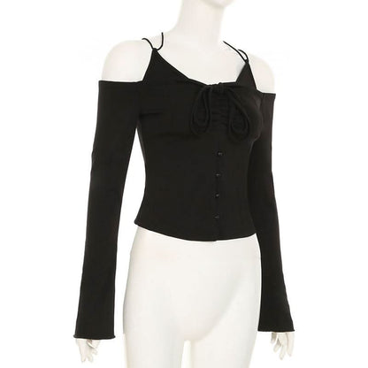 Off shoulder long sleeve self cross back button top